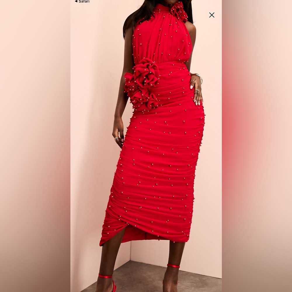 ASOS Red Midi Dress with Floral Detail